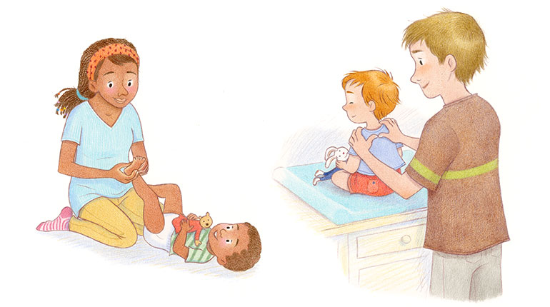 Massage bébé : quatre gestes simples pour masser votre enfant. Illustrations : Axelle Vanhoof