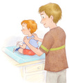 assage bébé : quatre gestes simples pour masser son enfant - Illustration : Axelle Vanhoof - Supplément pour les parents, Popi, mai 2015