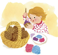 “5 activités d'automne”, supplément pour les parents du magazine Popi de novembre. Texte : Joséphine Lebard, illustrations : Marie Flusin. Activité pommes de pin colorées.