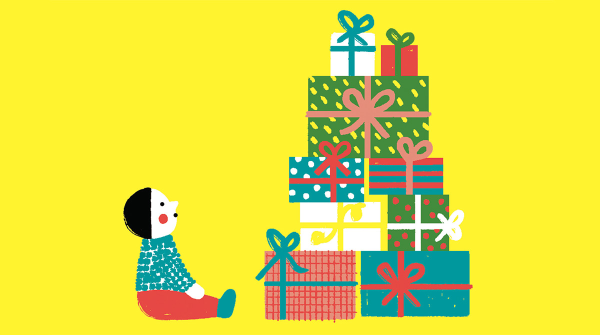 “Cadeaux de Noël : trouver la juste mesure”, supplément pour les parents du magazine Popi n°412, décembre 2020. Texte : Christine Lamiable. Illustrations : Liuna Virardi.