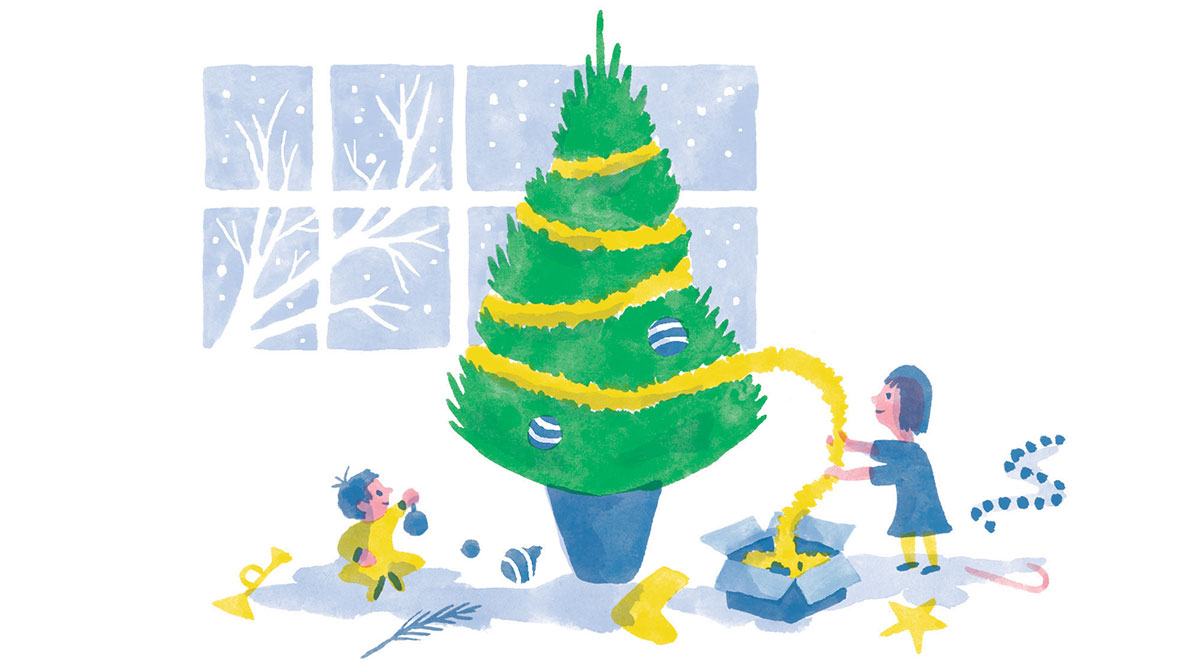 “À Noël, on fait des activités uniques, comme décorer le sapin”, supplément pour les parents du magazine Popi n°424, décembre 2021. Illustrations : Mickaël Jourdan. 