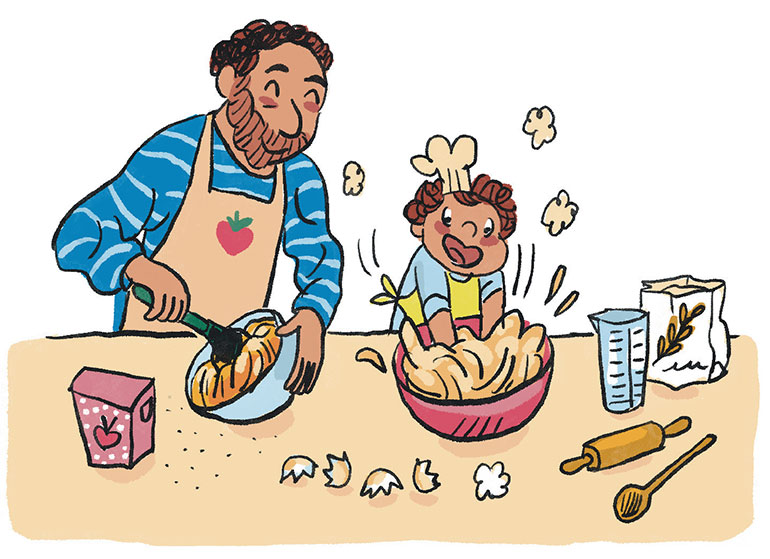 En cuisine, pétrir, malaxer la pâte… c'est très amusant et sans danger. Popi n°426, février 2022. Illustrations : Clotka.