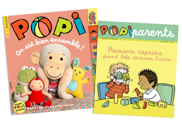 Couverture du magazine Popi n°427, mars 2022 - Premiers copains : quand bébé découvre l'autre - et son supplément pour les parents