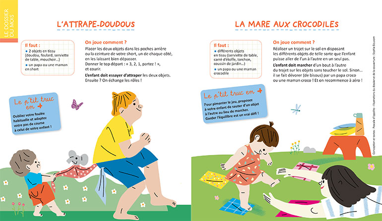 Deux jeux à faire avec les enfants : l'attrape-doudous et la mare aux crocodiles. Supplément pour les parents du magazine Popi n°431, juillet 2022. Illustration : Sophie Bouxom.