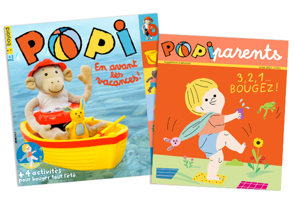 Couverture du magazine Popi n°431, juillet 2022, et son supplément pour les parents : “3, 2, 1… bougez !”