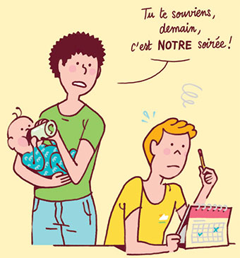 Dans le couple, un “veilleur” peut rappeler que le couple a besoin de temps pour lui. Supplément pour les parents du magazine Popi n°432, août 2022. Illustration : Quentin Vijoux.