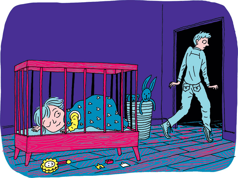 Rituel du coucher : pour certains, il est essentiel que l'enfant dorme dans sa chambre pour préserver un temps des parents. Supplément pour les parents du magazine Popi n°435, novembre 2022. Illustration : Sandrine Martin.