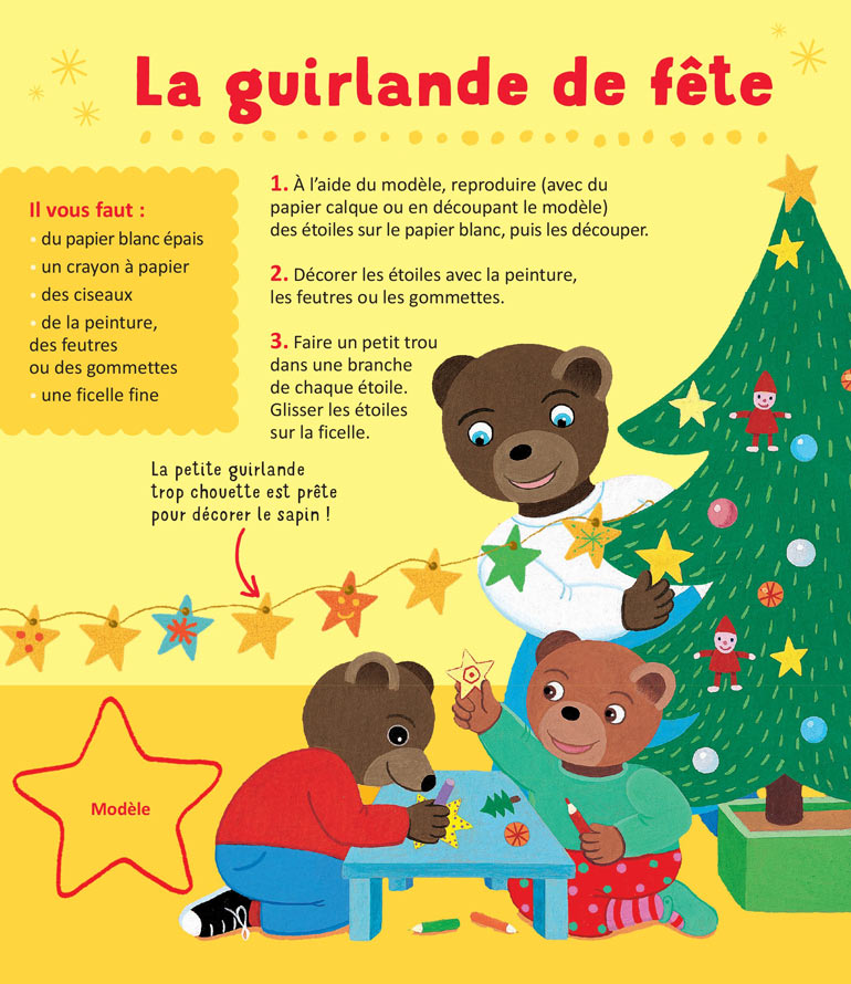 Préparez Noël avec Petit Ours Brun : fabriquez une guirlande de fête, supplément pour les parents du magazine Popi n°436, décembre 2022. Illustrations : Danièle, Laura et Martin Bour.