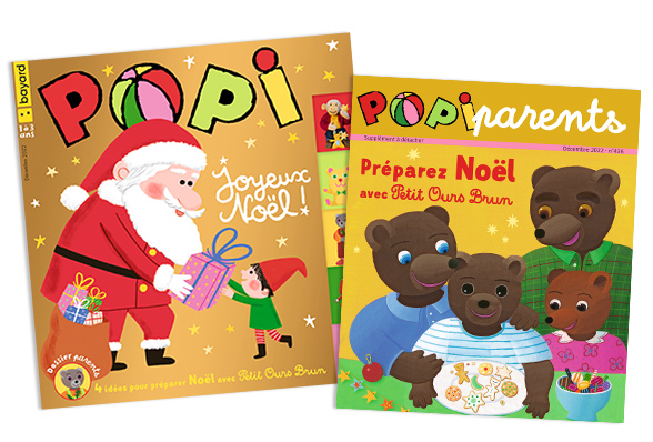 Couverture du magazine Popi n°436, décembre 2022 - Joyeux Noël - Supplément pour les parents : Préparez Noël avec Petit Ours Brun