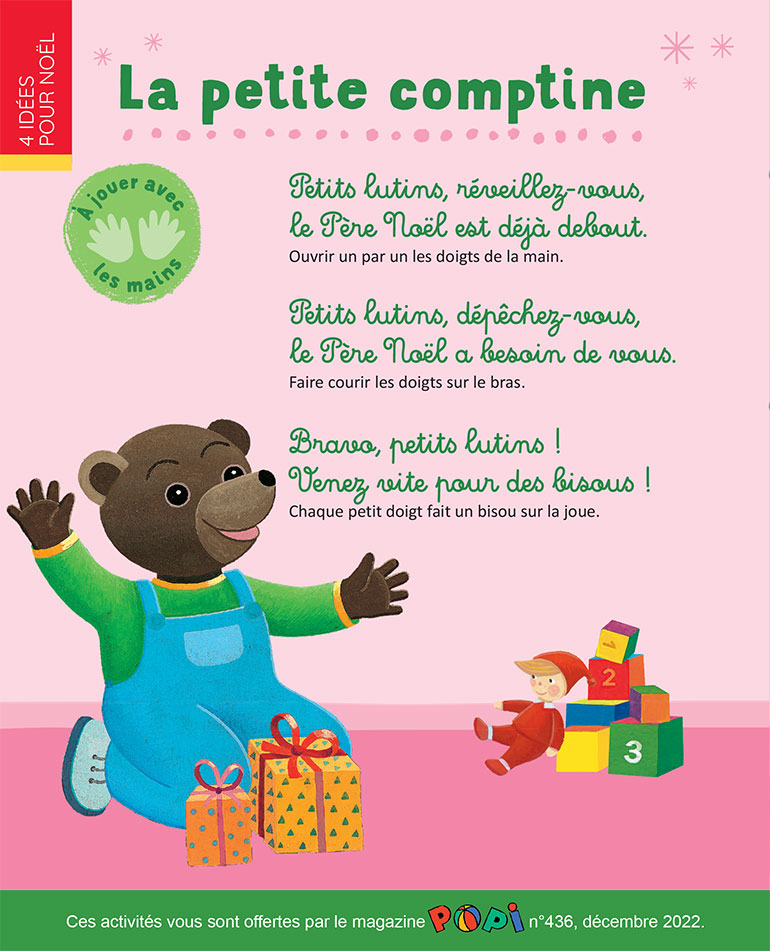 Préparez Noël avec Petit Ours Brun, supplément pour les parents du magazine Popi n°436, décembre 2022. Illustrations : Danièle, Laura et Martin Bour.