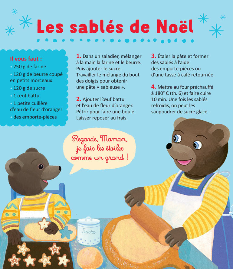 Préparez Noël avec Petit Ours Brun et sa recette de sablés, supplément pour les parents du magazine Popi n°436, décembre 2022. Illustrations : Danièle, Laura et Martin Bour.