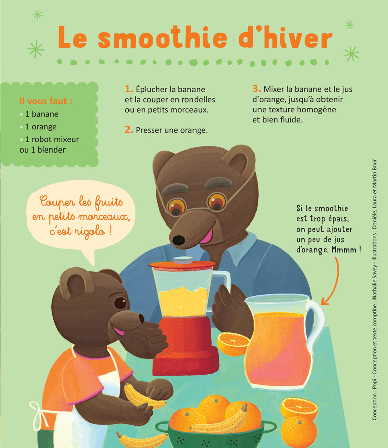 Préparez Noël avec Petit Ours Brun et sa recette de smoothie d'hiver, supplément pour les parents du magazine Popi n°436, décembre 2022. Illustrations : Danièle, Laura et Martin Bour.