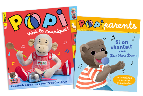 Couverture du magazine Popi n°442, juin 2023 - Vive la musique ! - 4 comptines à écouter et à chanter avec Petit Ours Brun