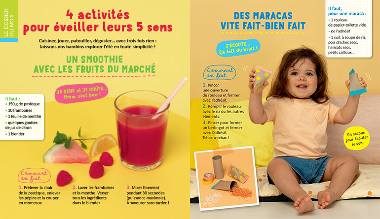 Smoothie avec les fruits du marché. Des maracas vite bien fait. 4 activités pour éveiller leurs 5 sens, supplément pour les parents du magazine Popi n°443, juillet 2023. Photo : Benoît Pelletier.