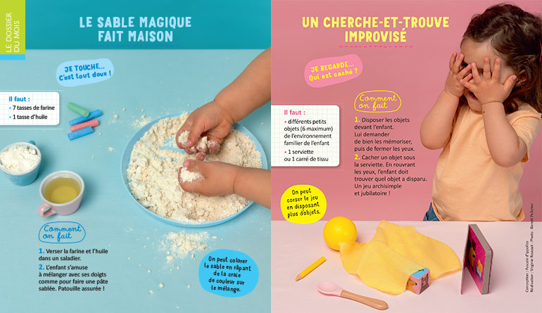 Sable magique fait maison. Un cherche-et-trouve improvisé. 4 activités pour éveiller leurs 5 sens, supplément pour les parents du magazine Popi n°443, juillet 2023. Photo : Benoît Pelletier.