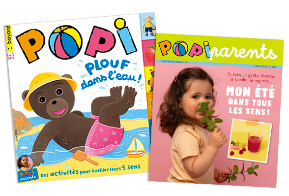 Couverture du magazine Popi n°443, juillet 2023 - Plouf dans l’eau ! - Supplément pour les parents : Je sens, je goûte, j'écoute, je touche, je regarde…