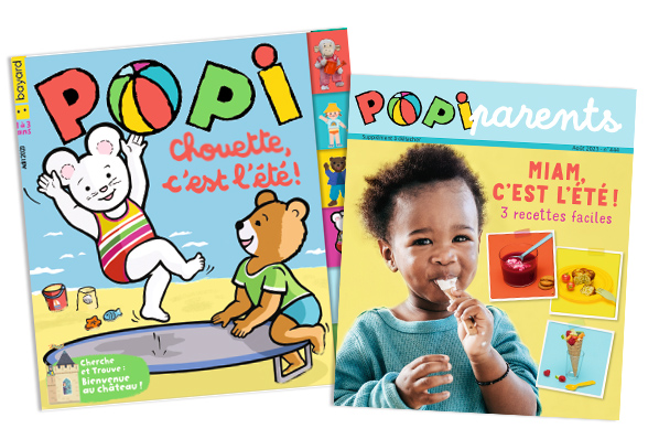 Couverture du magazine Popi n°444, août 2023 - Chouette, c'est l'été ! - Supplément pour les parents : “Miam, c'est l'été ! 3 recettes faciles