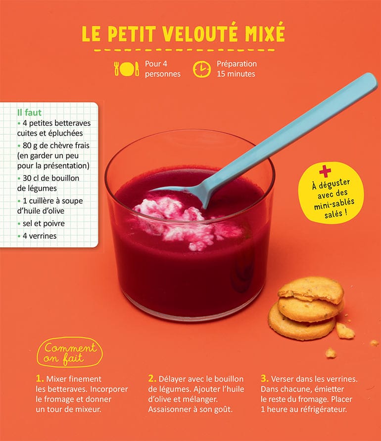 Le petit velouté mixé, extrait de l'article Miam, c'est l'été ! 3 recettes faciles, supplément pour les parents du magazine Popi n°444, août 2023. Photo : Benoît Pelletier.