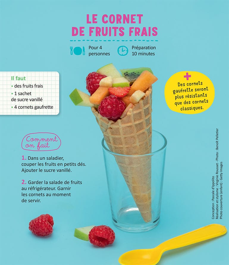 Le cornet de fruits frais, extrait de l'article Miam, c'est l'été ! 3 recettes faciles, supplément pour les parents du magazine Popi n°444, août 2023. Photo : Benoît Pelletier.