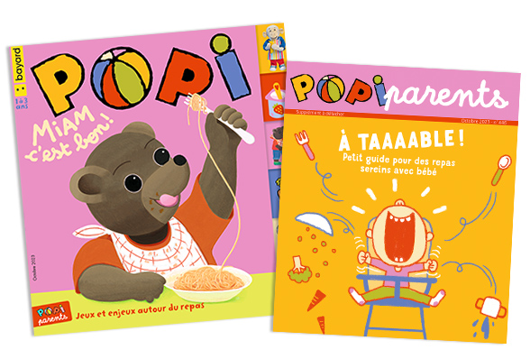 Couverture du magazine Popi n°446, octobre 2023 - Miam ! C'est bon ! Supplément pour les parents : “À table ! Petit guide pour des repas sereins avec bébé”