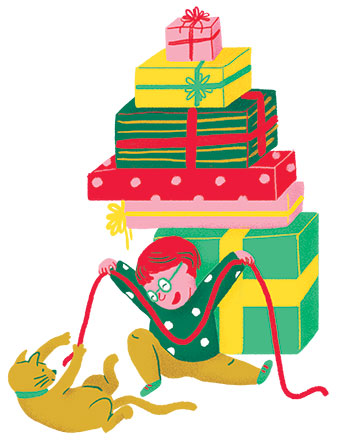 Certaines familles évitent la surconsommation en préférant les cadeaux de seconde main. Chacun son Noël !, extrait du supplément pour les parents du magazine Popi n°448, décembre 2023. © Illustrations : Sara Gavioli.