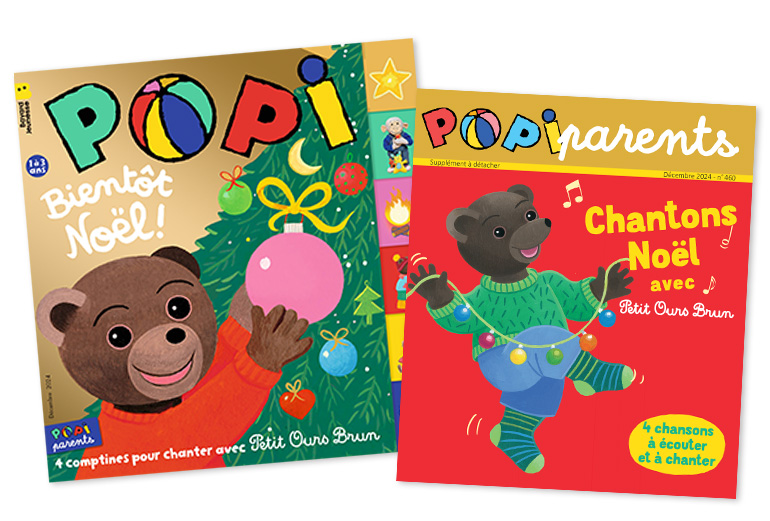Couverture du magazine Popi n°460, décembre 2024 - Bientôt Noël ! - Supplément pour les parents : “Chantons Noël avec Petit Ours Brun”.