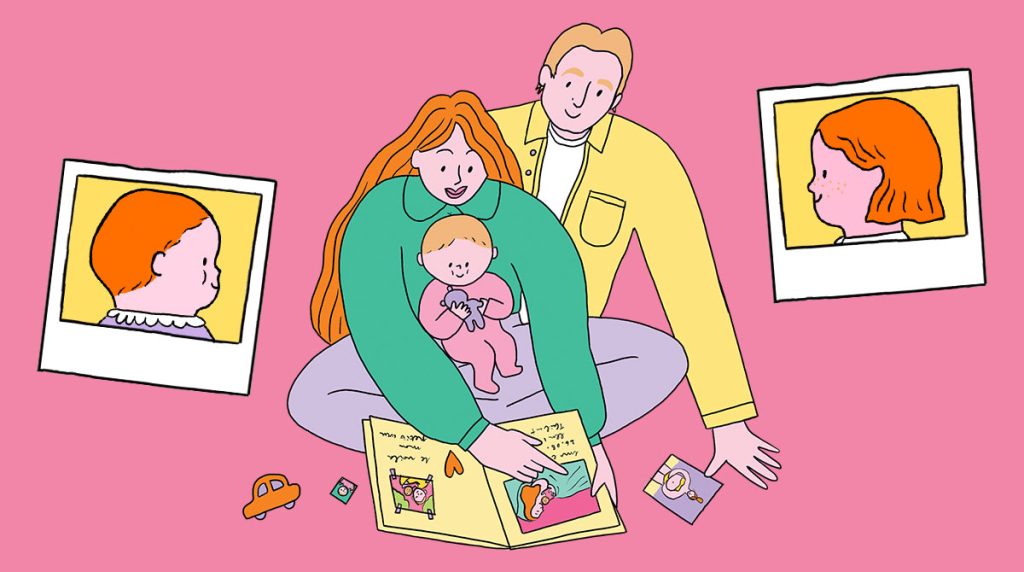 Raconte-moi quand je suis né. Supplément parents du magazine Popi n°465. Illustration : Mathilde Bel.