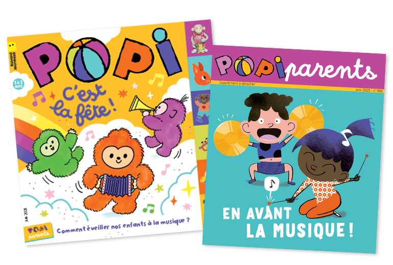 Couverture du magazine Popi n°466, juin 2025. C'est la fête ! - Supplément pour les parents : Comment éveiller nos enfants à la musique ?