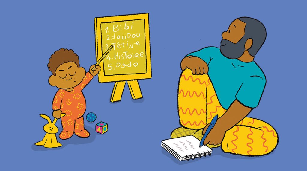 Qu’est-ce qu’ils sont rigides, parfois, les tout-petits, avec leurs habitudes ! Gare aux parents qui modifient les rituels… Couverture du magazine Popi n°471, novembre 2025. Illustration : Pierre Thyss. Popi n° 471.